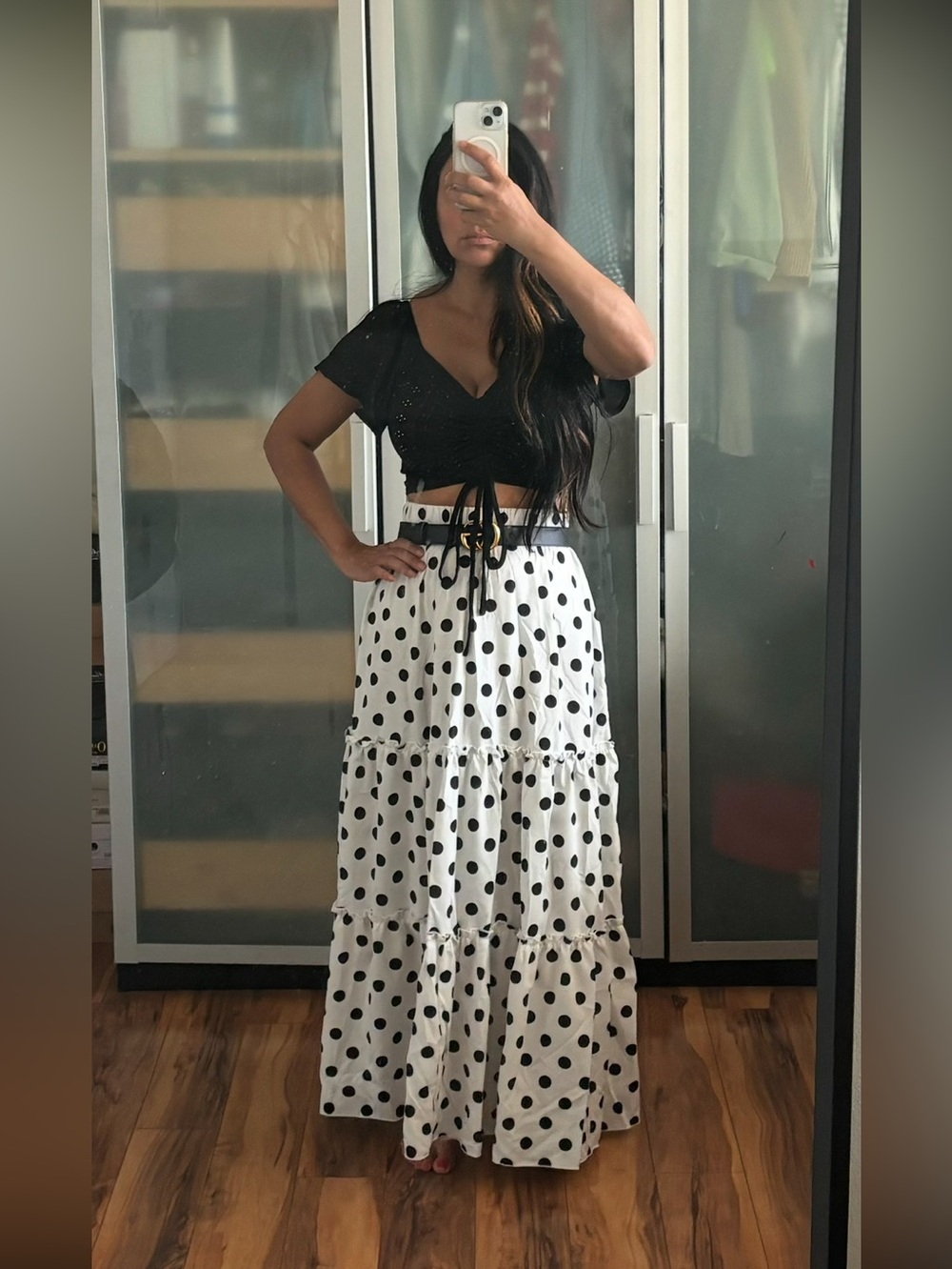 Polka Dot Tiered Maxi Skirt - White & Black